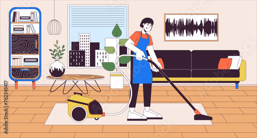 Cleaning services line cartoon flat illustration. Help with housekeeping. Commercial chores. Small business work 2D lineart scenery background. Living room hovering scene vector color image
