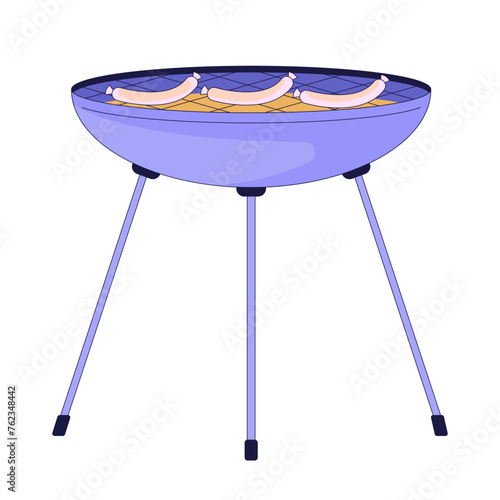 Cooking sausages on brazier 2D linear cartoon object. Barbeque food outdoor cooking isolated line vector element white background. Tasty picnic snacks preparation color flat spot illustration