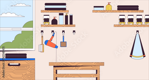 Pet grooming salon interior line cartoon flat illustration. Professional service. Animal groomer workplace with tools 2D lineart scenery background. Interior design scene vector color image