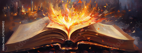 Fantasy book cover with bright flames and flying pages in 3D illustration style. photo