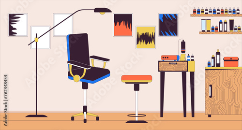 Tattoo artist workplace line cartoon flat illustration. Tattooing tools and supplies. Skin art salon 2D lineart scenery background. Beauty service small business scene vector color image