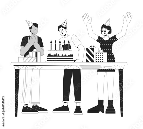 Birthday boy with friends black and white 2D line cartoon characters. Asian man making wish with party guests isolated vector outline people. Holiday celebration monochromatic flat spot illustration © The img