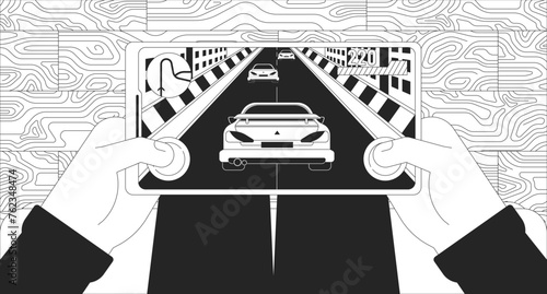 Person playing racing videogame 2D linear illustration concept. Hands holding smartphone with open game background. Mobile gaming hobby cartoon scene metaphor abstract flat vector outline graphic