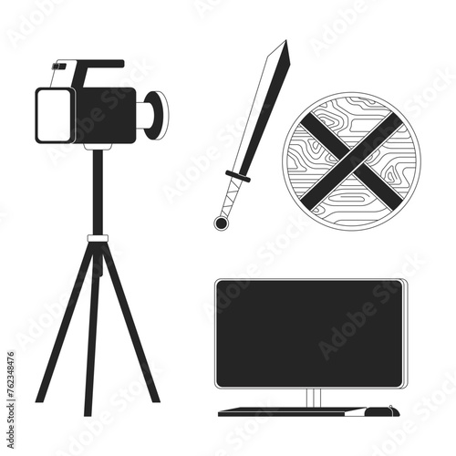 Action movie filming black and white 2D line cartoon objects set. Historical reconstruction shooting set isolated vector outline items collection. Filmmaking monochromatic flat spot illustrations