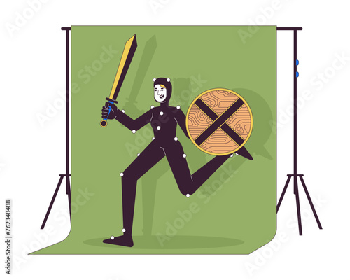Armored actress running on chromakey screen 2D linear cartoon character. White woman in mo cap suit isolated line vector person white background. Movie making color flat spot illustration