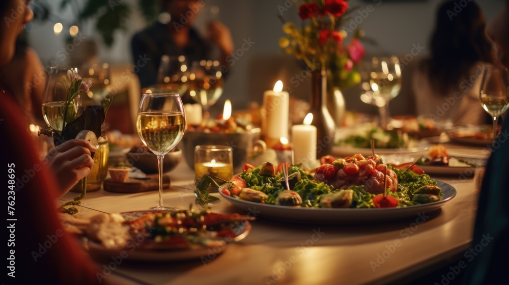 A group of people sitting at a dinner table. Suitable for family, celebration, or event concepts