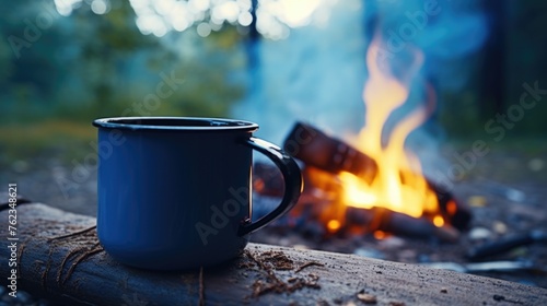 A cozy scene with a cup of coffee by a crackling fire. Perfect for outdoor and camping concepts