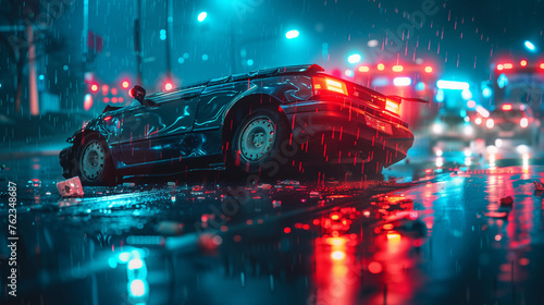 Conceptual visualisation of overturned car on wet road with approaching police car lights at night.  photo