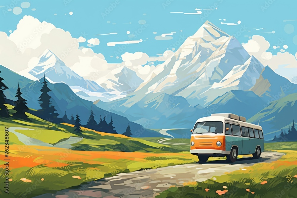 A bus driving down a dirt road with a picturesque mountain in the background. Ideal for travel and transportation concepts