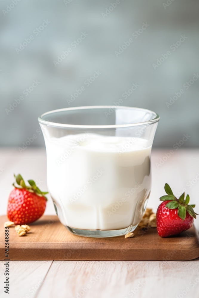 Fresh strawberries and milk on a wooden cutting board, perfect for recipes and healthy eating concepts Fresh strawberries and milk on a wooden cutting board, perfect for recipes and healthy eating concepts