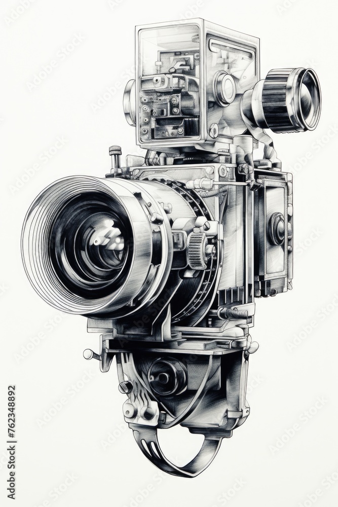 Detailed black and white drawing of a camera. Suitable for photography or technology concepts - obrazy, fototapety, plakaty 