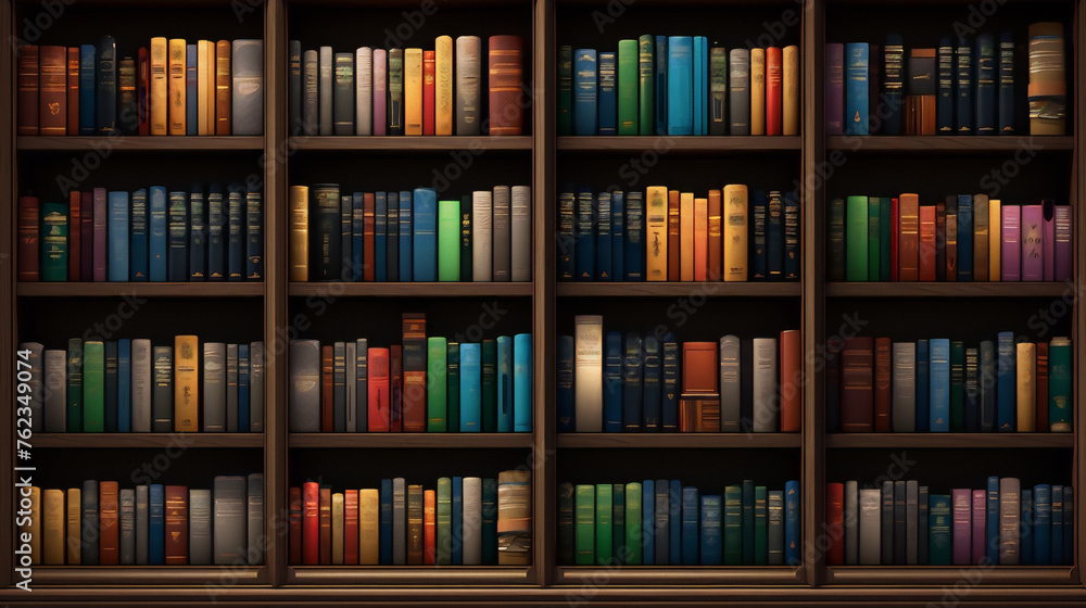 A library full of old books with vibrant colors on wooden shelves. A library full of old books with vibrant colors on wooden shelves.