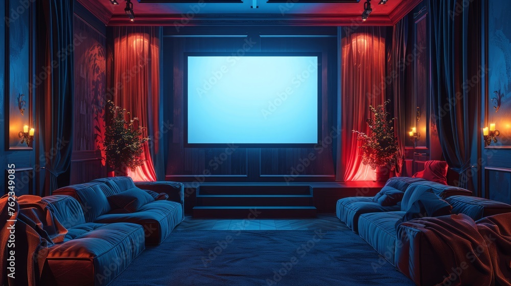 Private Luxury Home Cinema Room. Opulent home cinema with velvet drapes and a single, empty frame on the wall, offering a canvas for artistic expression - obrazy, fototapety, plakaty 