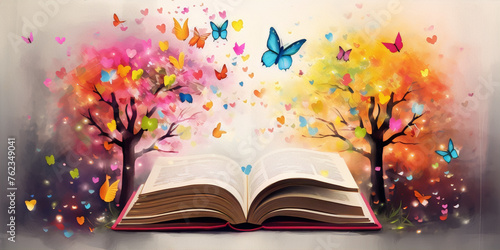 An open book with butterflies and colorful leaves in a surreal whimsical style with soft colors.