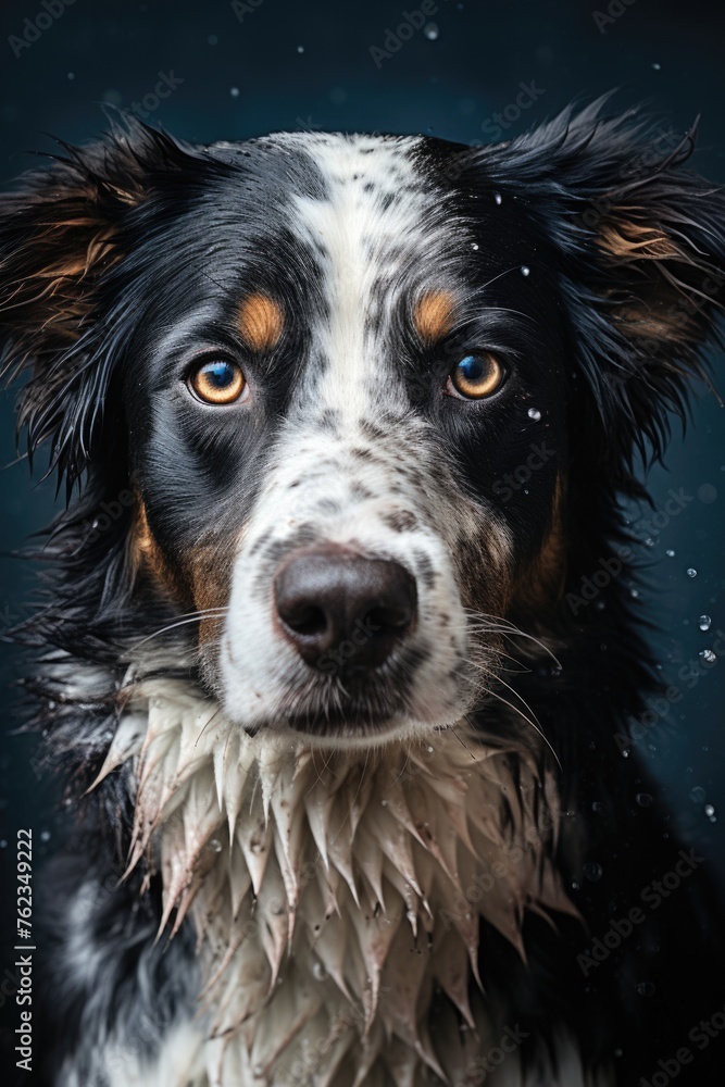 A close up of a dog's face in the snow. Perfect for winter-themed designs