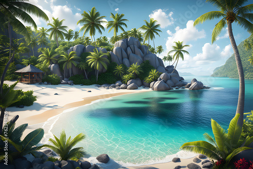 Beach paradise with swaying palm trees lining a turquoise ocean 