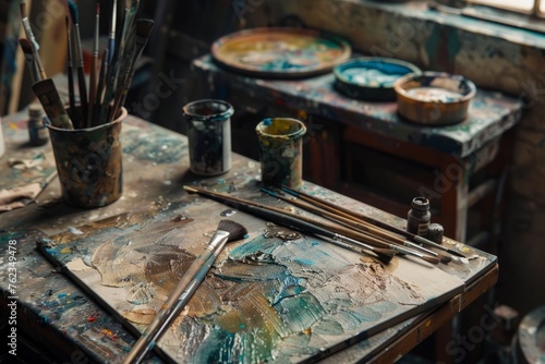 A table filled with various paint colors and an array of paint brushes, showcasing an artists workspace in detail