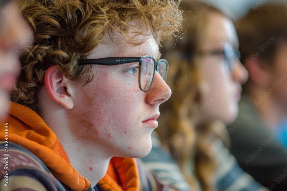 A detailed view of a person wearing glasses, showing facial features and the frames of the glasses