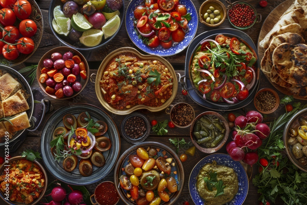 A variety of different types of food arranged on a table, showcasing cultural cuisine and culinary diversity