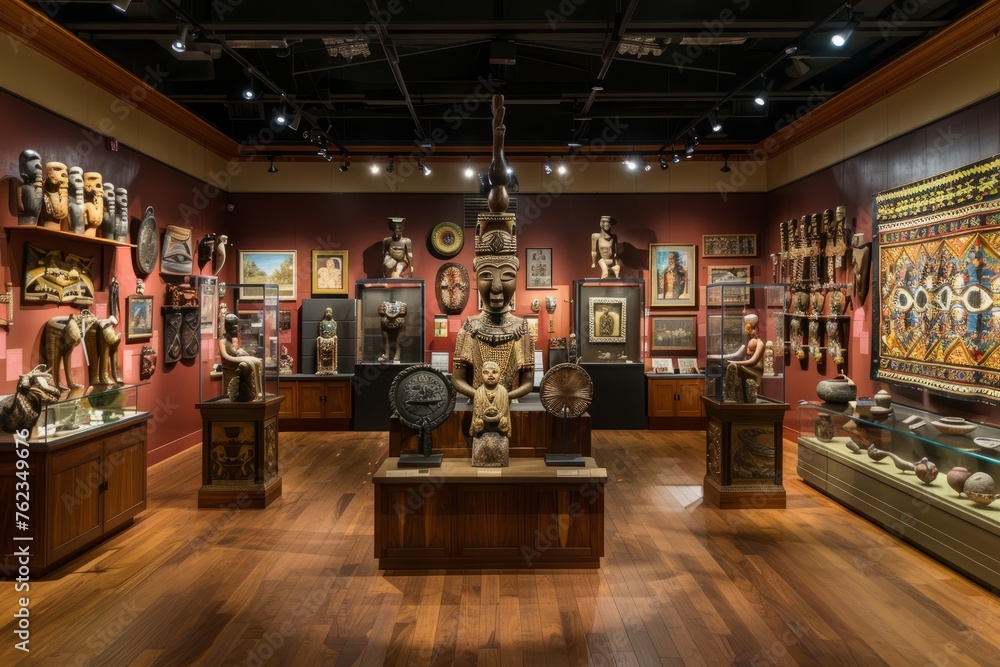 A room displaying a wide variety of art pieces including paintings, sculptures, and ceramics