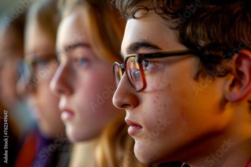 A group of young individuals sitting closely next to one another, engaged in conversation or a shared activity