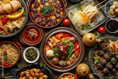 Various types of food from different cultural cuisines are displayed on a table, showcasing a diverse culinary spread