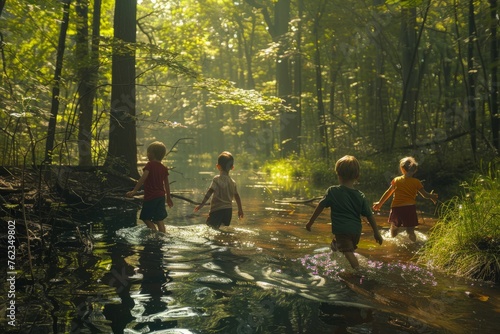 Group of children wading through river in dense forest setting