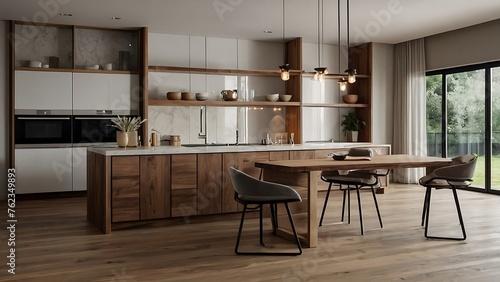 Interior of modern kitchen with black and white walls, wooden floor, © ASGraphicsB24