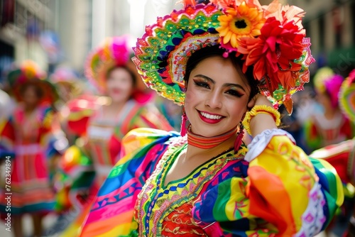 A woman in a vibrant dress with a flower in her hair participating in a festive parade procession through city streets