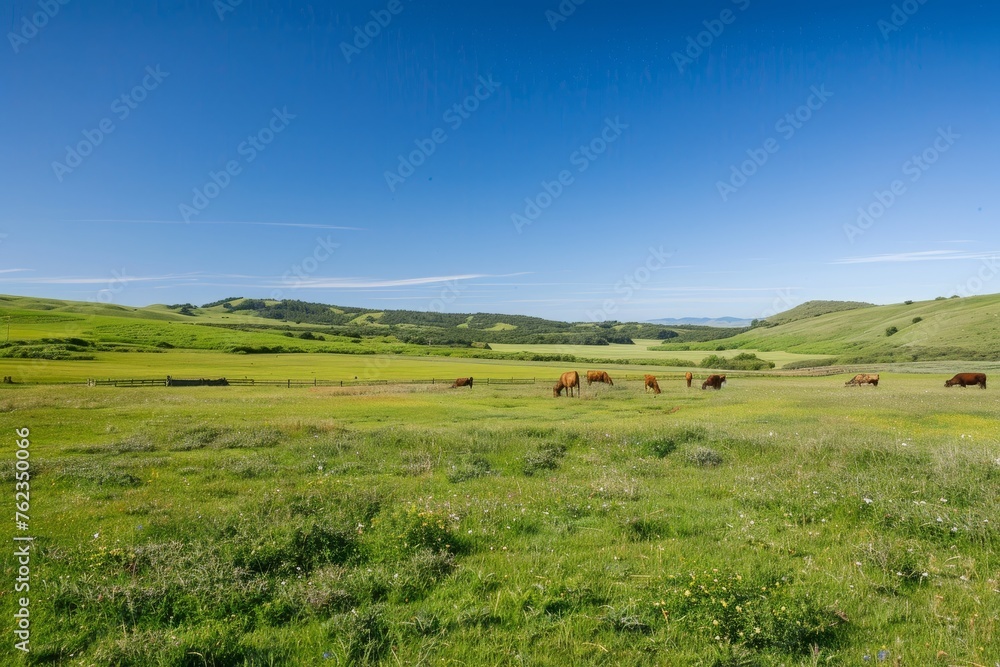 A herd of cattle peacefully grazing on a vibrant green hillside