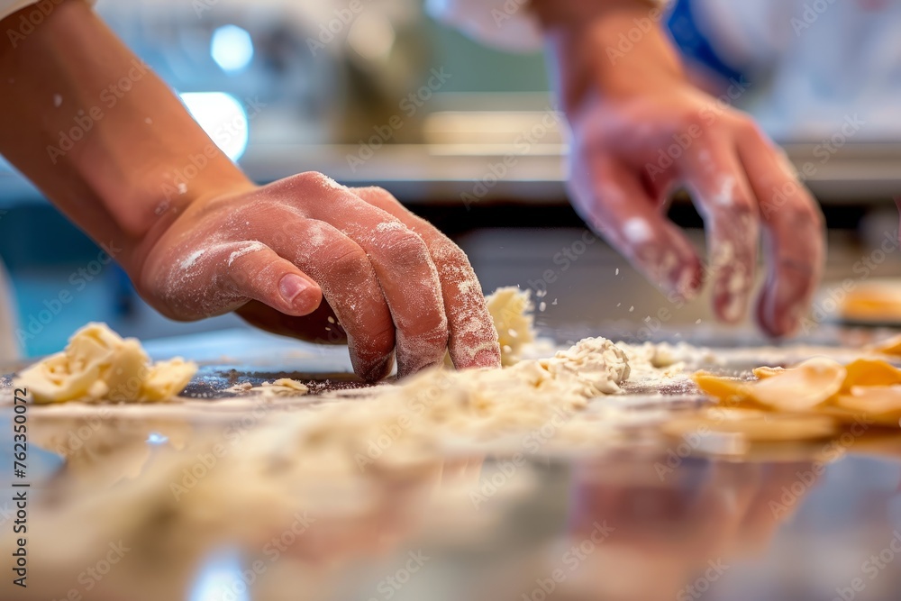 Close-up view of a person kneading dough on a kitchen counter
