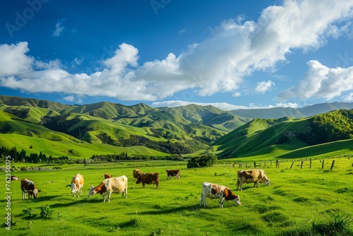 A herd of cattle is grazing on a vibrant green hillside, showcasing the symbiotic relationship between humans and animals in a livestock farm setting