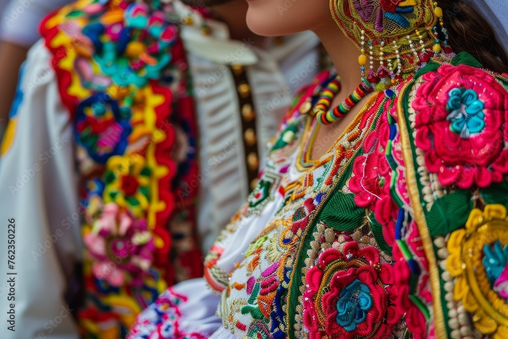 A close-up view of a woman showcasing a vibrant and colorful dress