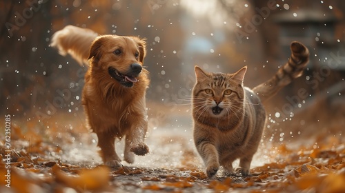 Cat and dog in autumn park. Golden Retriever and cat playing together in the rain