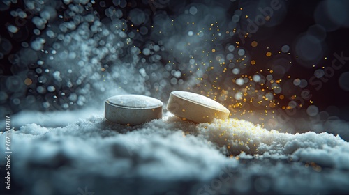 Pills and drug powder on dark background. 3d rendering.