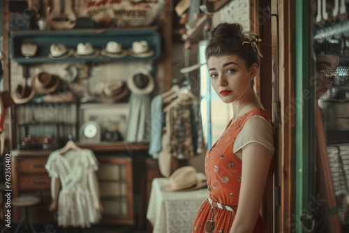 A woman wearing an orange dress stands in a room, exuding retro vibes through her fashion choice and the setting photo
