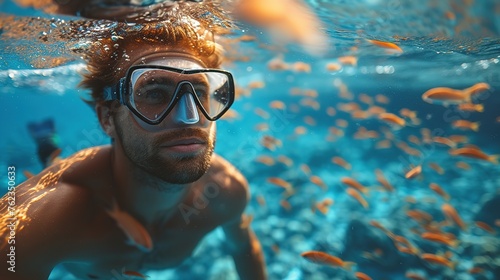 Young man swimming underwater in coral reef. Snorkeling concept