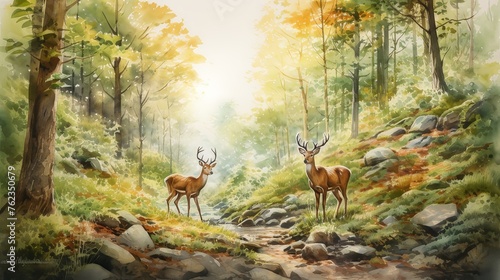 Glade in the forest with deer watercolor painting