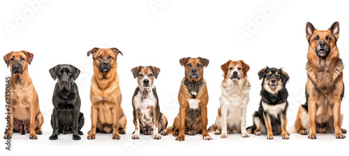 Sitting dogs in row isolated on white background