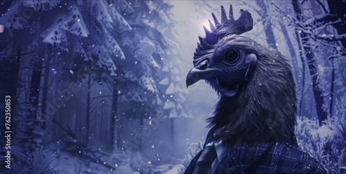 A Silkie chicken in a suit braves a snowy forest at night mystery in its eyes © Roni