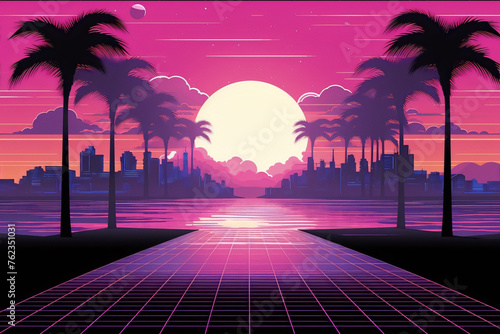 80s-inspired cityscape, vibrant pink and purple, palm trees, futuristic road.
