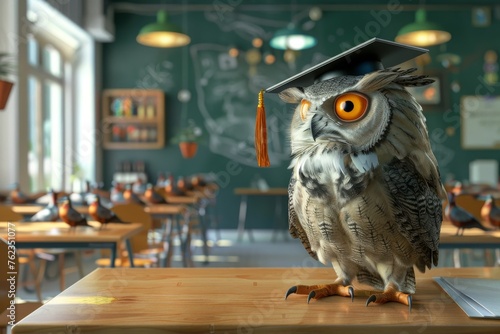 A 3D rendering of a witty owl wearing a graduation cap, teaching a classroom of eager bird students photo