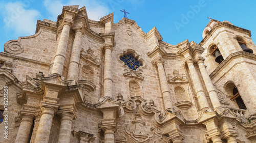 Havana Cathedral or Saint Christopher Cathedral in Old Havana, Cuba. Havana Cathedral built in the Cuban Baroque style. Front facade of Havana Cathedral. Tourism on the island of Cuba. Bottom view photo