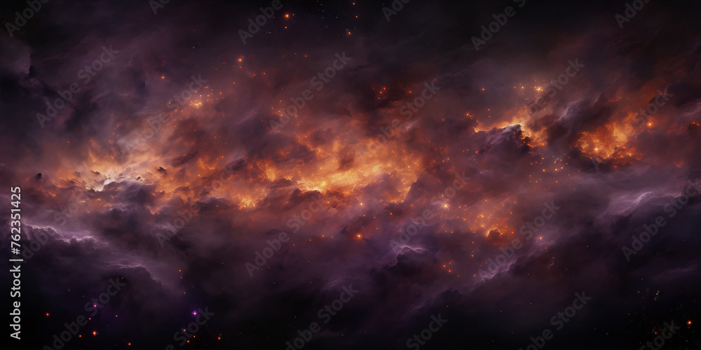 An ethereal dreamscape painting of swirling nebula clouds in oranges and purples against a deep space backdrop. An ethereal dreamscape painting of swirling nebula clouds in oranges and purples against a deep space backdrop.