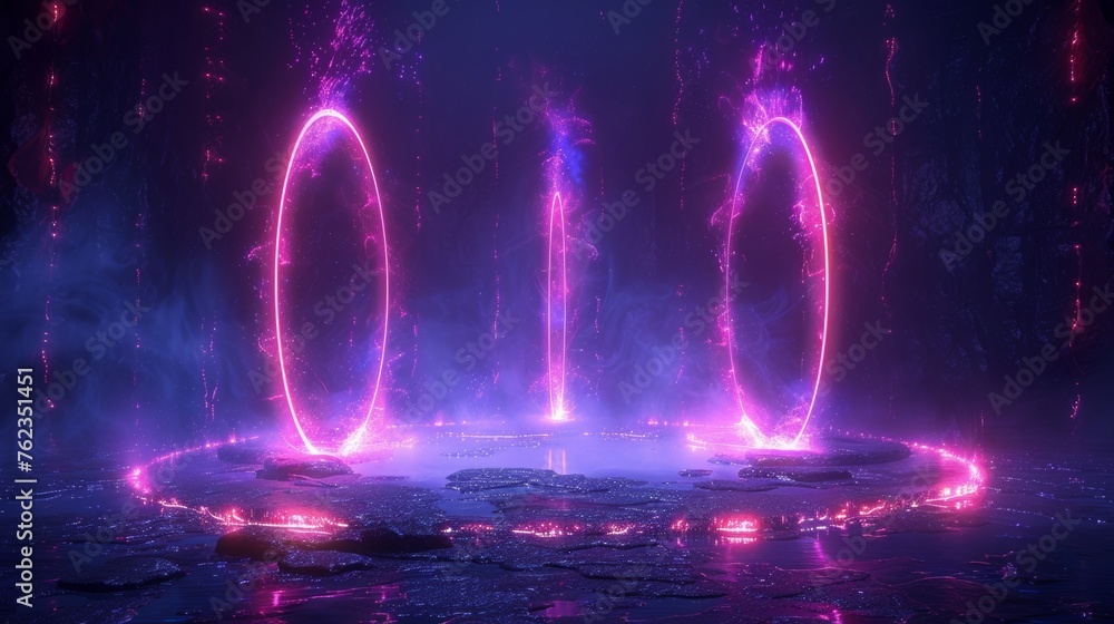 A realistic portal with level up and teleportation effects, futuristic lighting and bright wrap aura, glowing neon energy circles and modern vertical teleports.