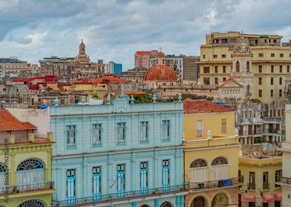 Havana from the above. Panoramic view over rooftops of Havana City in Cuba. Run-down buildings mostly in colonial style provide a special flair for visitors and tourists. Panoramic shot of old town.