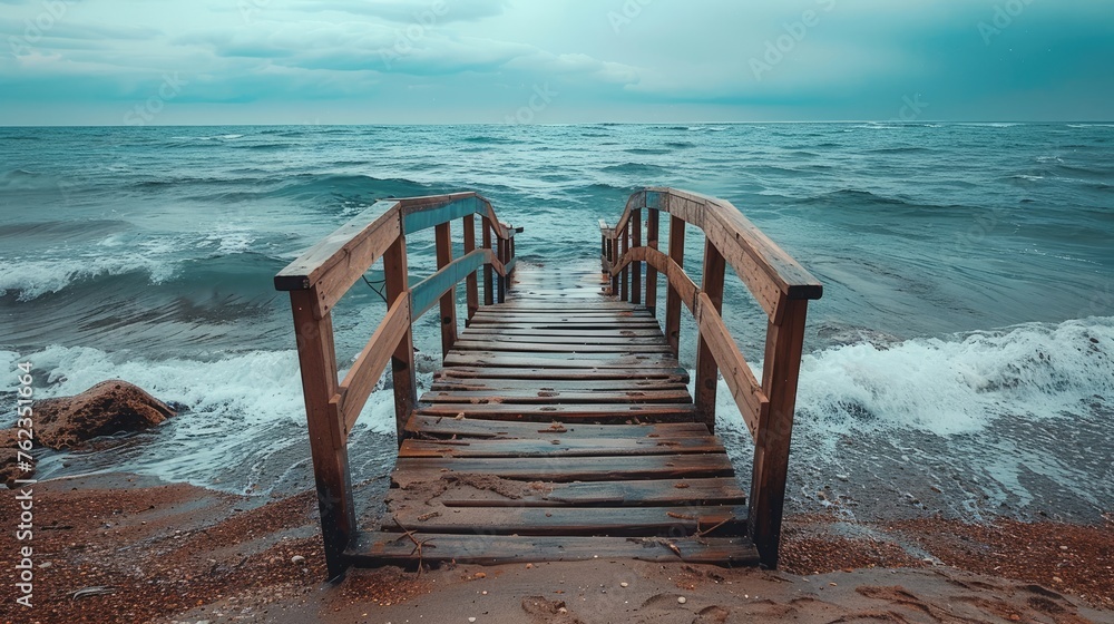 Wooden pier on the beach at sunset. Beautiful seascape.