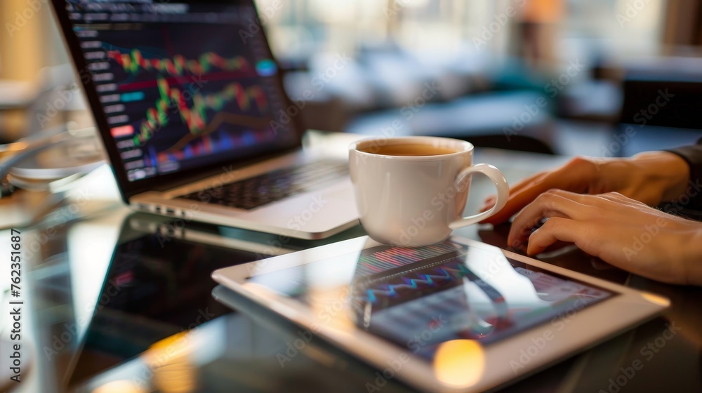 Modern Workspace Professional Financial Analyst Working on Laptop and Tablet with Stock Charts Coffee Mug on Glass Desk Modern Workspace Professional Financial Analyst Working on Laptop and Tablet with Stock Charts Coffee Mug on Glass Desk