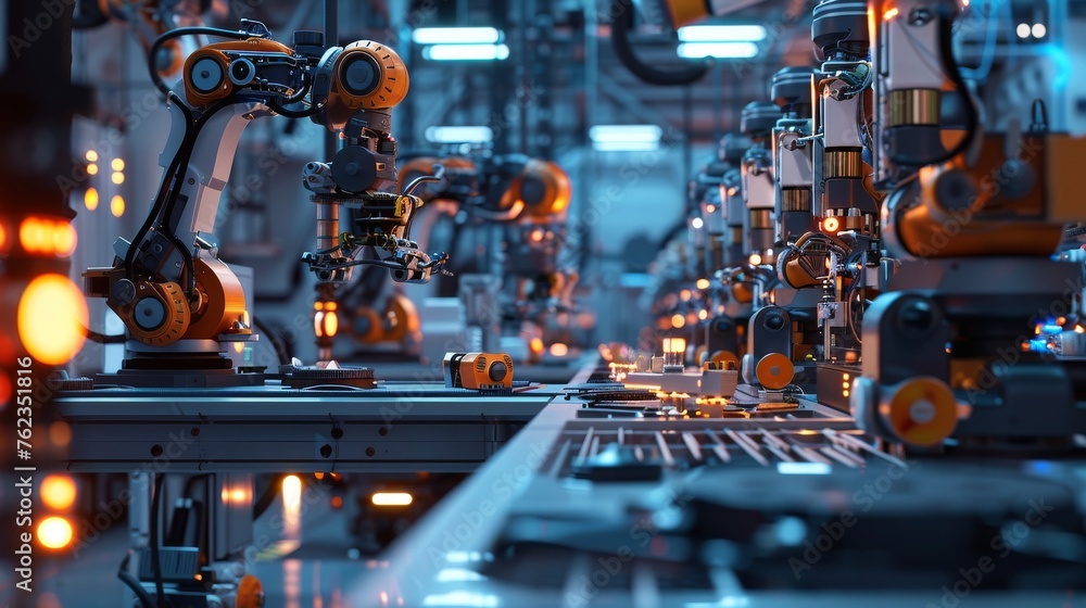 An advanced 3D scene of a robotic manufacturing plant, with autonomous robots assembling high-tech gadgets