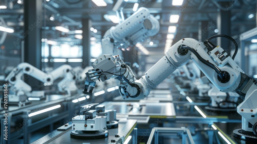 An advanced 3D scene of a robotic manufacturing plant, with autonomous robots assembling high-tech gadgets